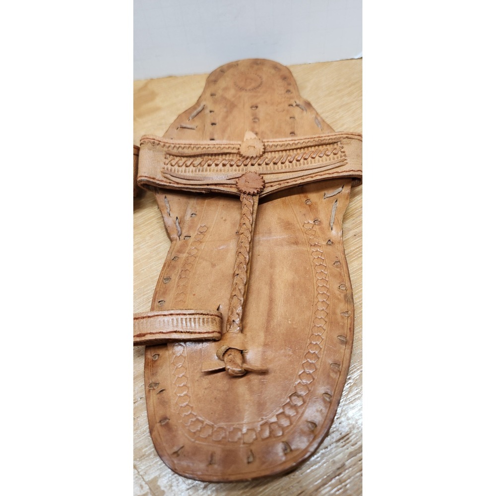 Handmade Leather Kolhapuri Sandals Womens 9 Tan Braided T-Strap Boho Flat Slides - Picture 3 of 8